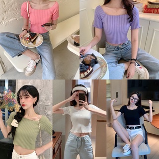 🍓พร้อมส่ง🍓เสื้อปาดไหล่ เสื้อไหมพรมแขนสั้น ปาดไหล่ คาร์ดิแกนสีทึบเซ็กซี่สไตล์เกาหลี ผ้านุ่ม สวมใส่สบาย ใส่ได้สองแบบ 001