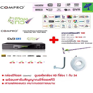 Mastersat Compro 14E กล่องทีวีดิจิตอล กล่องดิจิตอลทีวี กล่องดิจิตอล ชุดแพ็คคู่ กล่องรับสัญญาณดิจิตอลทีวี เสาอากาศ