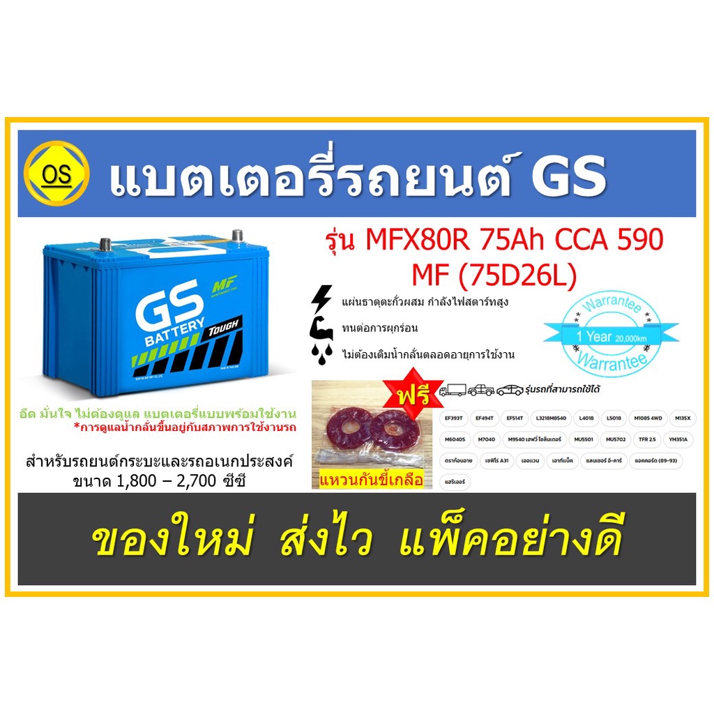 แบตเตอรี่รถยนต์ GS แบบกึ่งแห้ง MFX80R MF (75D26R) 75แอมป์ สินค้าสดใหม่จากโรงงาน ราคาพิเศษ พร้อมแหวนก