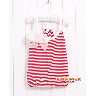 JHK4855 เสื้อสายเดี่ยว ลายริ้วสีแดง แต่งดอกไม้ที่อกขวา (สำหรับเด็กอายุ 4 ปี) ผ้ายืดแต่งผ้าชีฟอง เนื้อดี ใส่สบาย