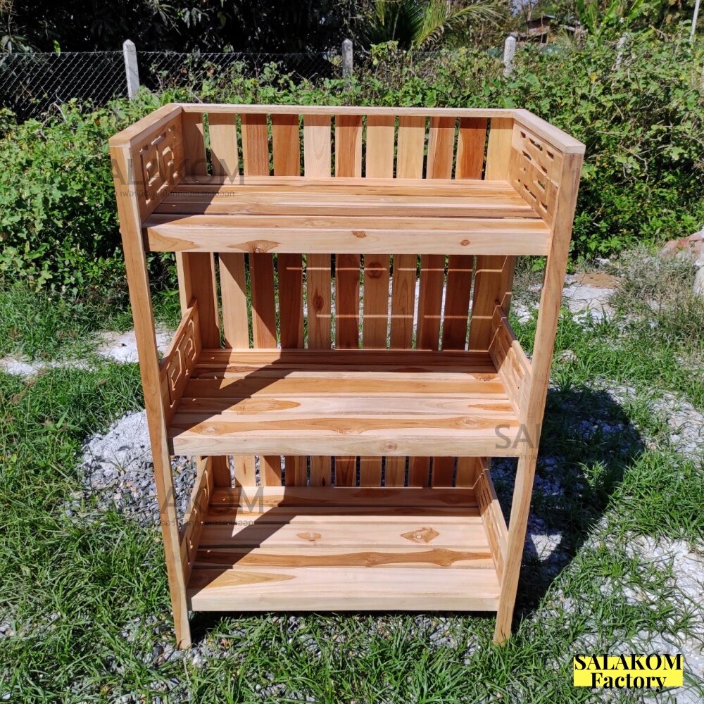 SLK ชั้นวางของใช้/ของตกแต่งบ้านไม้สัก 3 ชั้น 67.5*39*100 ซม. กว้าง*ลึก*สูง แบบฉลุจีน ชั้นรองเท้า/ชั้