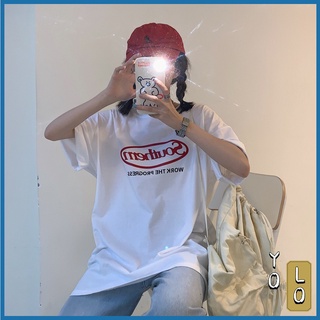 YOLO🐳 พร้อมส่ง  เสื้อยืด เสื้อครอป เสื้อยืดแขนสั้นผู้หญิง ผ้าฝ้ายทรงหลวม