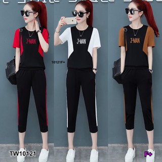 TwinsShopVip💗พร้อมส่ง TW10121 Set 2 ชิ้น เสื้อทูโทน +กางเกง 4 ส่วน