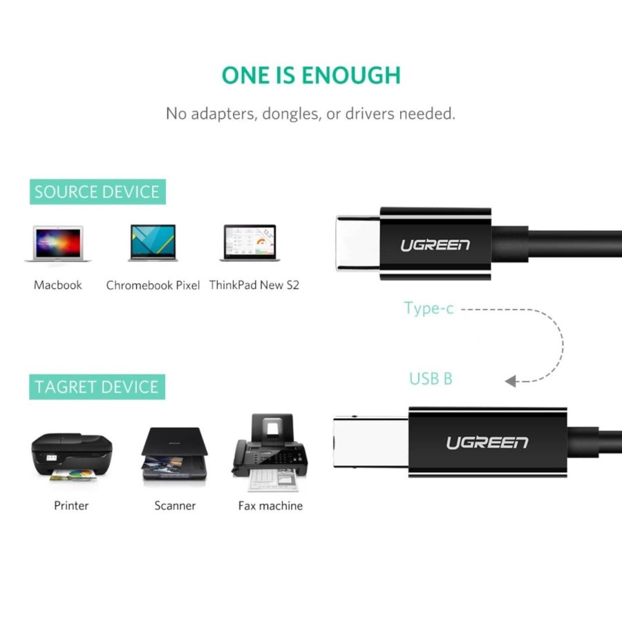 UGREEN รุ่น 80811 สายต่อปริ้นเตอร์ USB C to USB Type B 2.0 Cable Type C Printer Scanner Cord