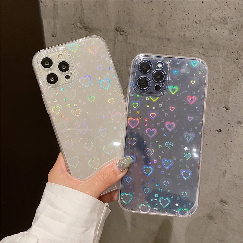 เคสโทรศัพท์มือถือแบบนิ่ม ใส กันกระแทก ลายหัวใจ เลเซอร์การ์ด สําหรับ iPhone 6 6s 7 8 Plus XR 11 13 12 Pro XS Max X SE