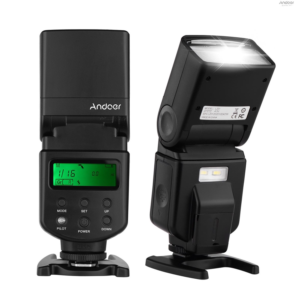 Andoer แฟลช Speedlite GN40 LED ปรับได้ พร้อมแบร็คเก็ต แบบเปลี่ยน สําหรับกล้อง Canon Nikon Olympus Pentax DSLR