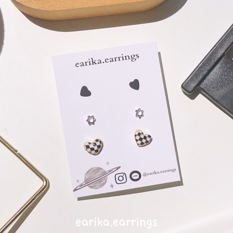 earika.earrings - heart chess set เซ็ตต่างหูก้านเงินแท้ชุบทองคำขาว คนแพ้ง่ายใส่ได้