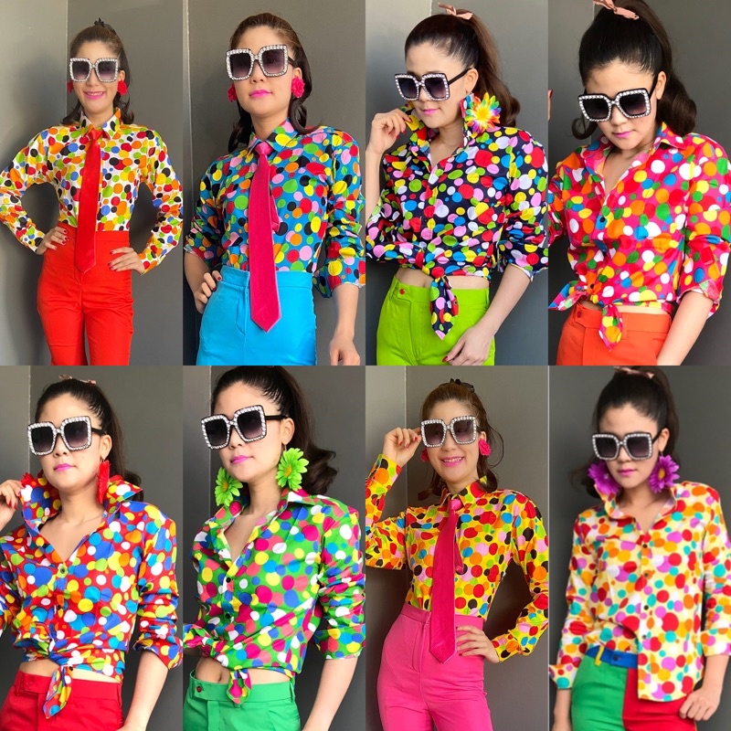 เสื้อเชิ้ตลายจุดแขนยาว เสื้อย้อนยุค เสื้อเชิ้ต เสื้อแหยม (เฉพาะเสื้อ)