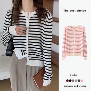 Womens Autumn Korean Style Loose Striped Knitted Cardigan Coat