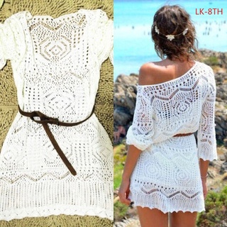 Fashion Womens Summer Boho Sexy Lace Hollow Knit Bikini Swimwear Cover Up Crochet Beach Mini Dress