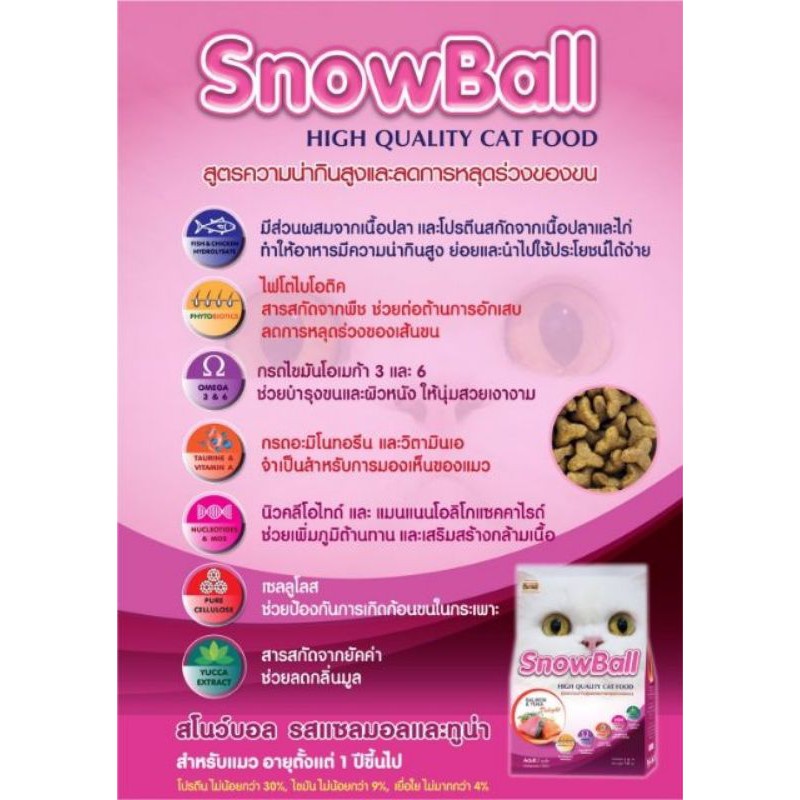Snowball อาหารแมว สูตรลดการหลุดร่วงของขน รสปลาแซลมอนและทูน่า ขนาด 3 กิโลกรัมแถมเพิ่ม300กรัมในถุง