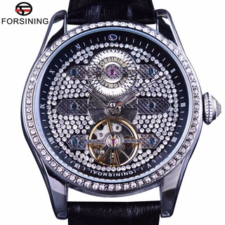 Forsining Tourbillion Diamond Design Genuine Leather Strap Waterproof Crystal Head Mens Clock Automatic Watches Top Bran