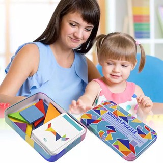 Wooden Tangram Jigsaw Toys Training Puzzle Cognitive Children Early Education Puzzle Toy ฟ้า ส้มไข่ ส้มหัวใจ  006