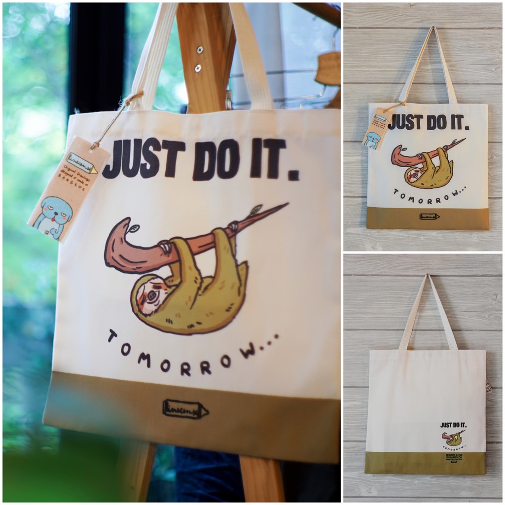 ถุงผ้าแคนวาส ลายสล็อต Sloth - "Just do it tomorrow" canvas bag