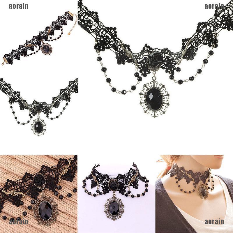 AG Fashion Lolita Gothic Black Rose Flower Lace Choker Collar Necklace ...