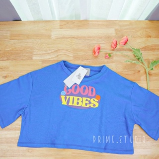 LAB SILK crop oversize ลาย good vibes สีน้ำเงิน