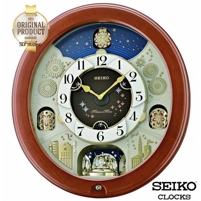 SEIKO Melodies in Motion‏ clock รุ่น QXM376B นาฬิกาแขวนหรูหรา สไตล์ยุโรป ตีเพลง เมโลดี้ ขอบไม้แท้ - Wool Brown/Gold