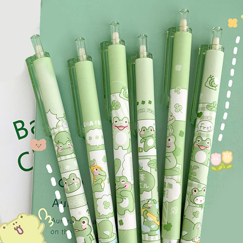 ปากกาหมึกเจล 0.5 มม. แบบพกพา ลายการ์ตูนกบ สีเขียว พับเก็บได้ สําหรับนักเรียน จํานวน 6 ชิ้น