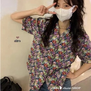 Suxi เสื้อเชิ้ตแขนสั้นลําลอง คอปก ลายดอกไม้ แบบเรียบง่าย สไตล์วินเทจ แฟชั่นฤดูร้อน สําหรับผู้หญิง