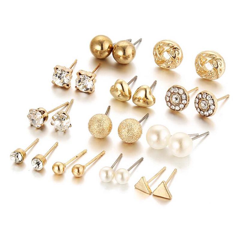 Fashion 12 pairs/set Women Alloy Crystal Artificial Peral Stud Earrings for Women Gold Silver