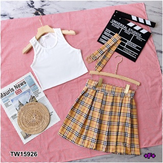 TW15926 set 2 ชิ้น เสื้อแขนกุดทรงครอป ผ้าคอตตอน + กระโปรงจีบทวิส ทรง A ลาย BBR + สายเข็มขัดรัดเอว งานสม๊อคหลัง