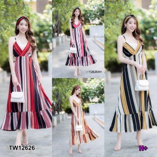 TW12626&gt;Dress เดรสสายเดี่ยวยาว ผ้าไหมอิตาลี่ ลายริ้วสลับสี มีซับช่วงกระโปรง เนื้อผ้าทิ้งตัวสวย + ผ้าโพกผมลายเข้ากับชุด