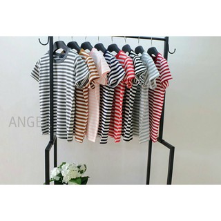 🏷 เสื้อยืด แขนสั้น คอกลมลายริ้ว ผ้าคอตตอน ใส่สบาย