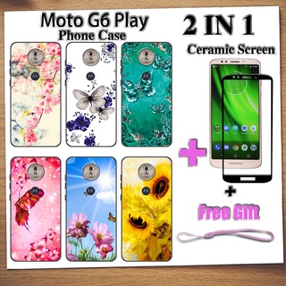 2 IN 1 เคสโทรศัพท์ Motorola Moto G6 Play E5 พร้อมกระจกนิรภัย เซรามิค ป้องกันหน้าจอ ฟิล์มโค้ง ผีเสื้อ