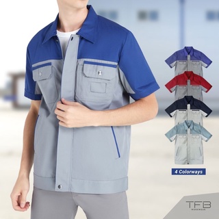 เสื้อช็อป เสื้อช็อปช่าง แขนสั้น แบบซิป สีเทาเข้ม-น้ำเงิน TFB Workwear