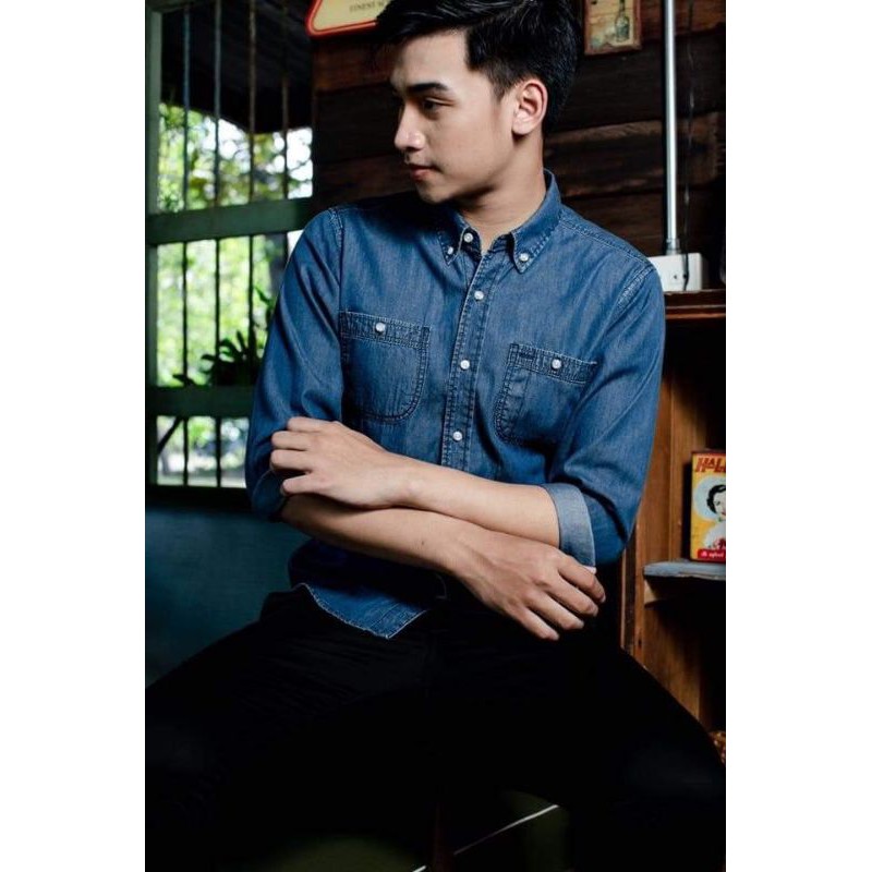 เสื้อเชิ๊ตยีนส์ผู้ชายกระเป๋าคู่ OLDSTEEL JEANS :เชิ๊ตคอปก กระเป๋าคู่ ผ้ายีนส์บาง เนื้อนุ่ม