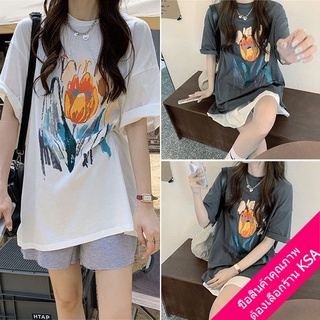 เสื้อยืดผู้หญิงผ้าคอตตอน พิมพ์ลาย oversize tshirt  เสื้อผ้าเกาหลีน่ารัก เสื้อยืดโอเวอร์ไซส์ผู้หญิงสีขาว ใส่สบาย ทรงหลวม