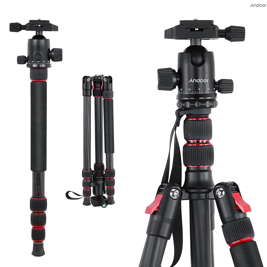 Andoer TTT-008 ขาตั้งกล้องคาร์บอนไฟเบอร์ 200 ซม. 78.7 นิ้ว รับน้ําหนักได้ 12 กก. พร้อมหัวบอลปลดเร็ว 