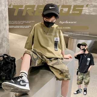 💜Pinx💜เด็กฤดูร้อนบางแขนสั้นชุด 2022 ใหม่กลางและใหญ่เด็ก camouflage boy ฤดูร้อนชุดผัด street หล่อชุดสองชิ้น