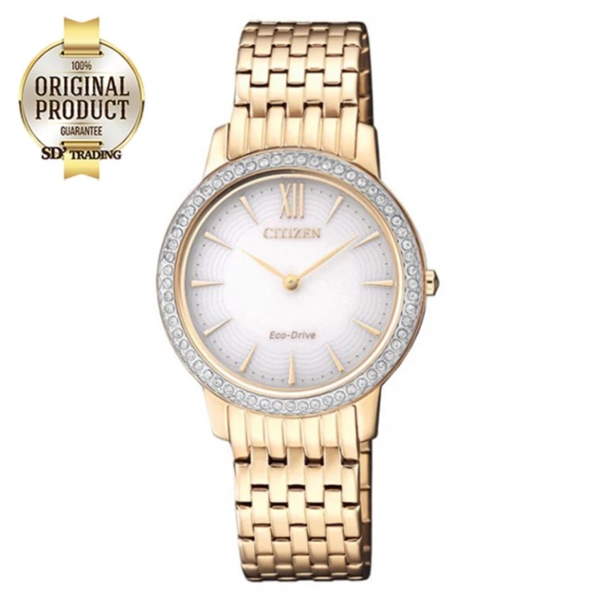 Citizen Eco-Drive Crystal Ladies Watch Stainless Strap รุ่น EX1483-84A - PinkGold - Soft White