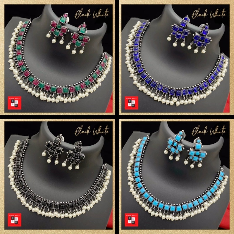 ผู้หญิง Choker สร้อยคอต่างหู German Silver Oxidized สําหรับผู้หญิง (RN30/4)