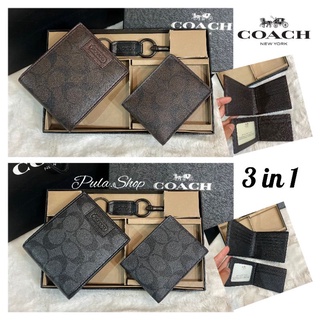 COACH F74736 FACTORY SHORT WALLET WITH CARD POCKET &amp; KEY CHAIN กระเป๋าสตางค์+ที่ใส่บัตร+พวงกุญแจ หนังแท้ ลายC