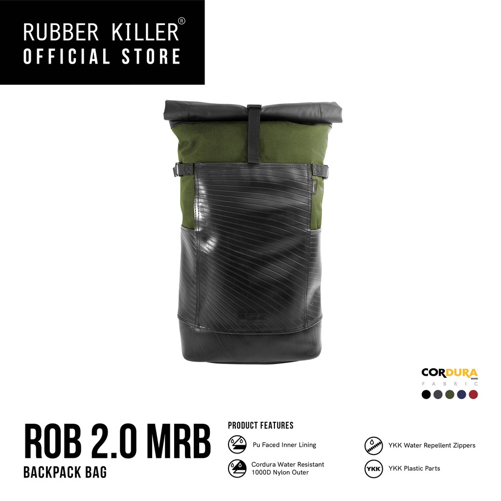 Rubber Killer - ROB 2.0 MORE RUBBER สีเขียว : L (กระเป๋าเป้, ยางด้านล่าง, มีช่องใส่คอม, ตัวผ้ากันน้ำ) - 100020018