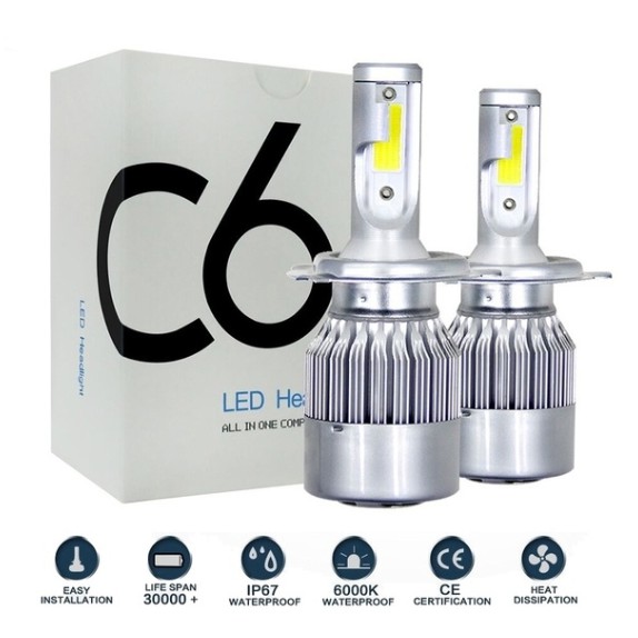 ไฟหน้ารถยนต์แอลอีดียี่ห้อC6 ขั้วไฟ H1 H3 H4 H13 9004 9012 5202 800 แสงขาว อายุการใช้งาน 50000 ชั่วโม
