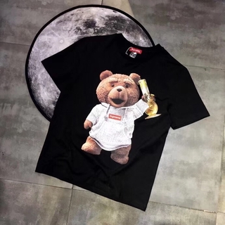 เสื้อยืดผ้าฝ้ายพิมพ์ลายTop teddy bear short-sleeved printing champion bear men and women couples cotton round neck fierc