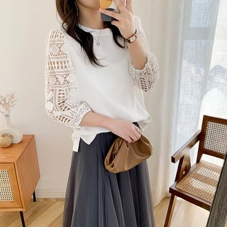 QKshop 💖 เสื้อแขนยาวผ้านิ่มลายลูกไม้ลุคใหม่ไม่เหมือนใคร ล้ำสุดๆ ใส่ได้ทุกวัย ดูสุภาพเรียบๆดูแพงสุดๆ ใส่ทำงานใส่เที่ยวครบ