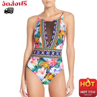 ชุดว่ายน้ำ แบบวันพีชไฮคัทสไตล์ลายดอกไม้สวยๆ Sexy Mesh One Piece Swimsuit High Cut