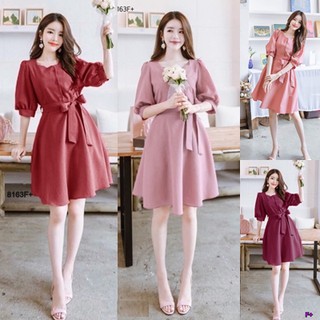 J8163 Dress เดรส แขนตุ๊กตา คอเหลี่ยม + สายผูกเอว