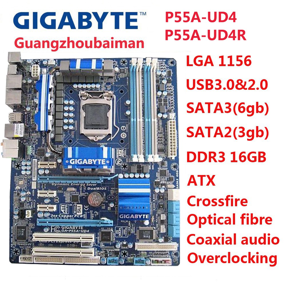 Original Gigabyte GA-P55A-UD4 เมนบอร์ด LGA 1156 เมนบอร์ดเดสก์ท็อป P55 ...