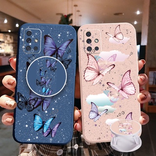 เคสโทรศัพท์มือถือ ขอบสี่เหลี่ยม ลายผีเสื้อ พร้อมแหวนขาตั้ง หรูหรา สําหรับ Samsung Galaxy A12 A31 A32 4G A52 A72 5G A11 A51 A20S M42