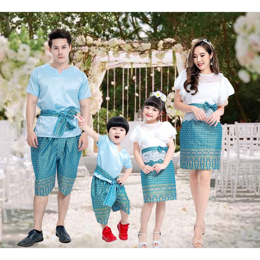 ชุดไทยประยุกต์ Mae-Mali Dress ขาว-ฟ้า ชุดไทยครอบครัว ชุดทำบุญ ชุดครอบครัว ชุดไทยสตรี ชุดไทยเด็กหญิง เดรสชุดไทย