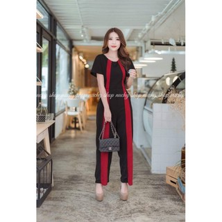 💥💥จั๊มสูทขายาวผ้าฮานาเล่แต่งแบบทูโทน เรียบหรูแต่ดูแพง