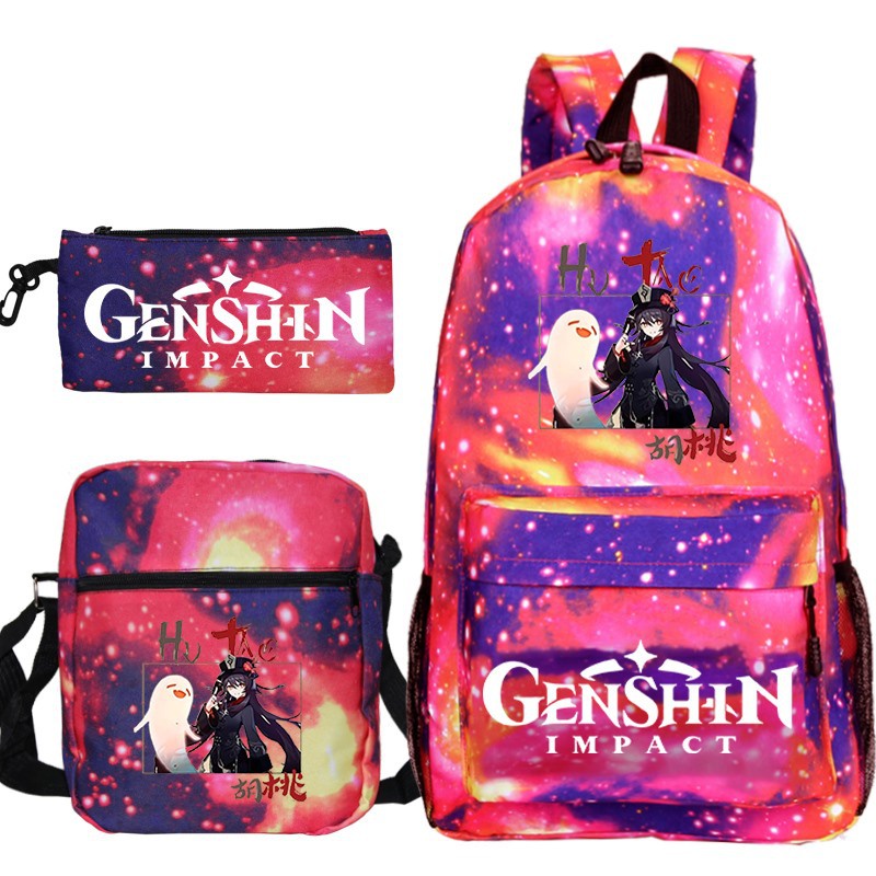 Genshin Impact Hu Tao กระเป๋าสะพายหลัง กระนักเรียน าสะพายไหล่ กระเป๋าดินสอ สามชิ้น