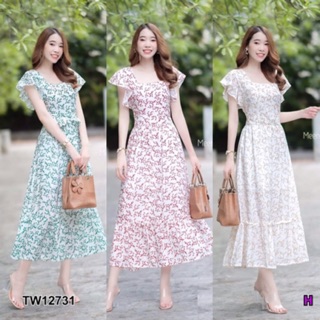 ❤️ TW12731 Maxi Dress แม็กซี่เดรสแขนกุด ไหล่ระบาย ผ้าลินิน พิมพ์ลายดอกไม้ทั้งชุด เอวมีสายผูกเก็บทรงชุด