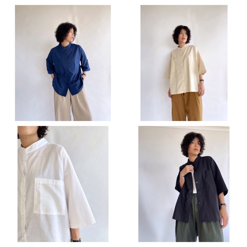 เสื้อคอจีนโอเวอร์ไซส์ แต่งด้วยกระเป๋า2ข้าง เนื้อผ้า ออกฟอร์ด สีพื้น