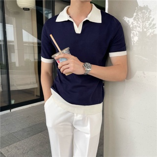 Summer light luxury business casual slim knit short-sleeved polo shirt male Britishtrend brand slim lapel solid color T-